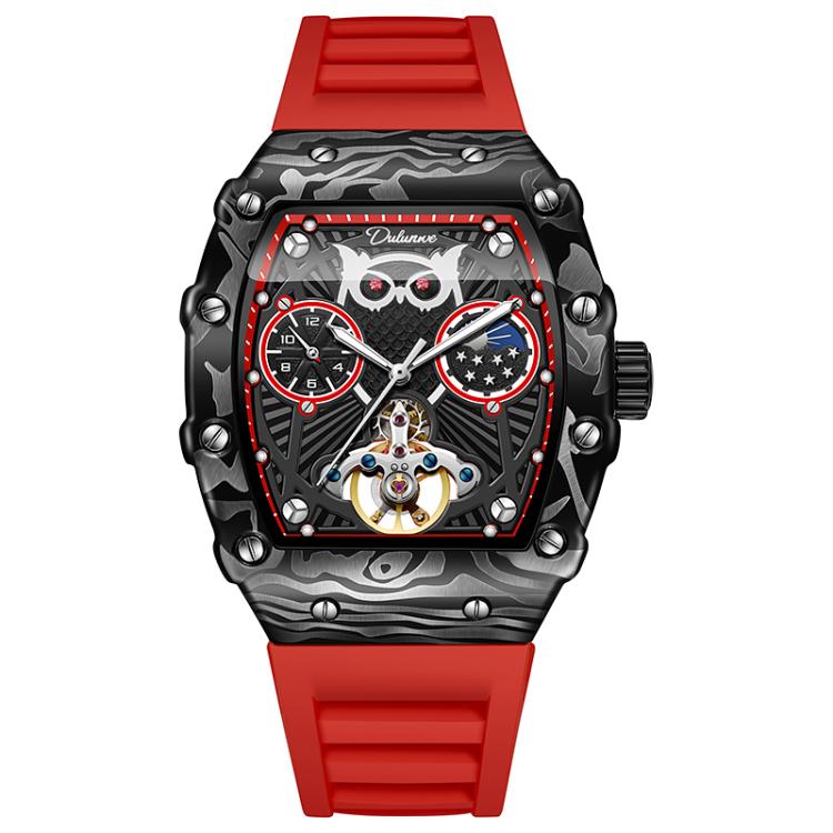 Dulunwe 6039C 30m Waterproof Barrel-shaped Hollow Luminous Automatic Mechanical Watch(Red Strap)