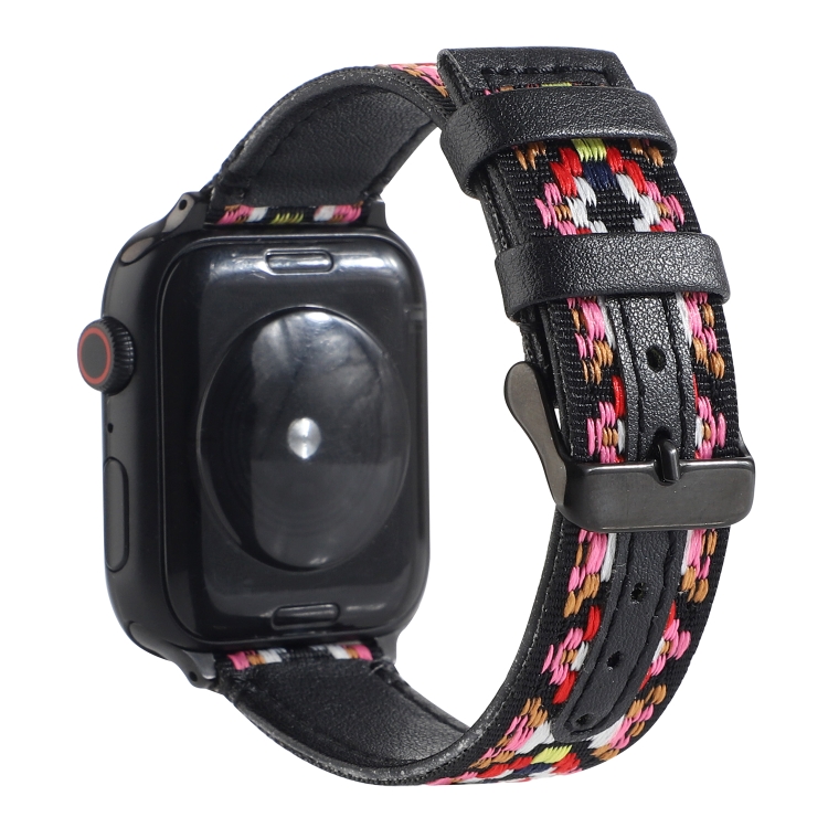 Ethnic Leather Watch Band For Apple Watch Series 7 41mm / 6 & SE & 5 & 4 40mm / 3 & 2 & 1 38mm(Black)