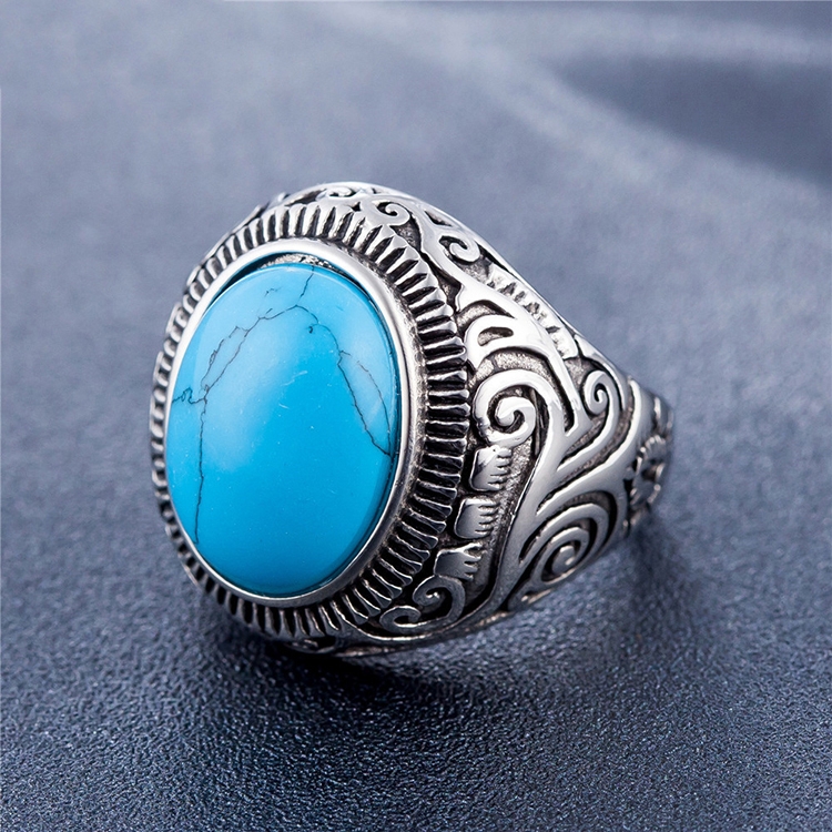 Europe and America Style Retro Gemstone Turquoise Men Titanium Steel Ring, Size: 10, Diameter: 19.9mm, Perimeter: 62.4mm(Blue)