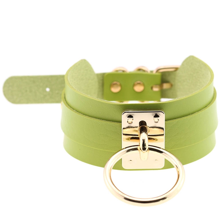 European and American Harajuku PU Leather Gold Single Ring Collar Wide Street-Snap Nightclub O-shaped Choker Necklace(Green)
