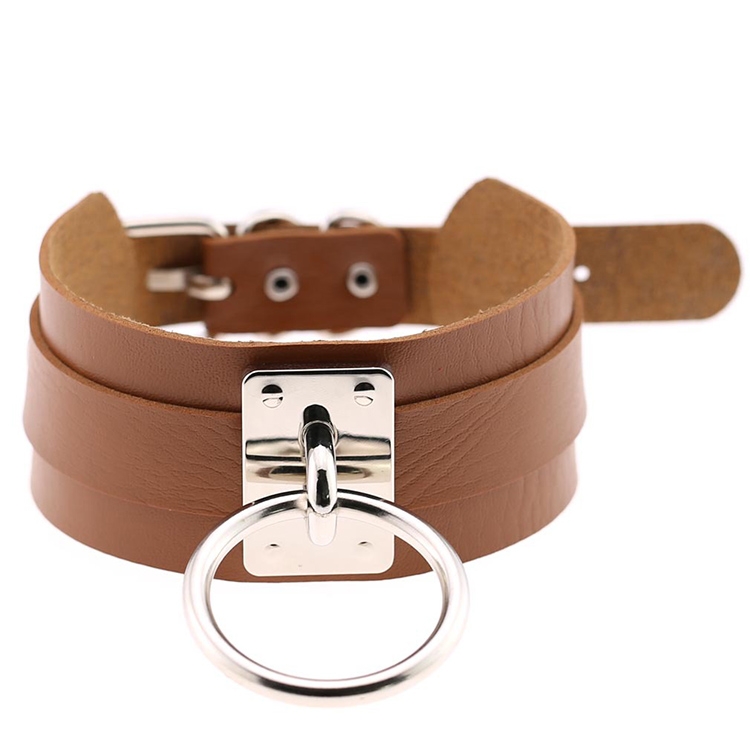 European and American Harajuku PU Leather Silver Single Ring Collar Wide Street-Snap Nightclub O-shaped Choker Necklace(Brown)