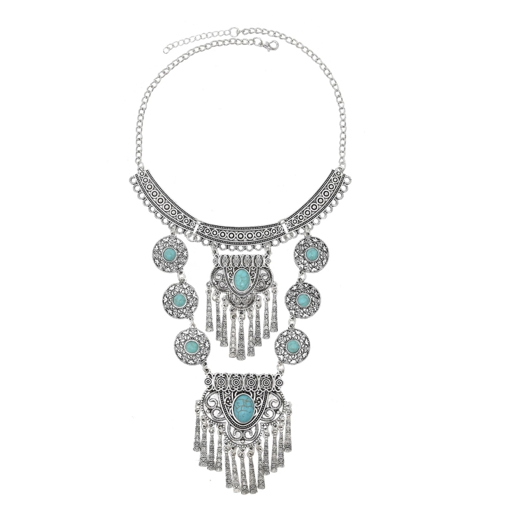 Exaggerated Necklace Tassel Vintage Female Alloy Plated Collarbone Chain, Color: Blue 2