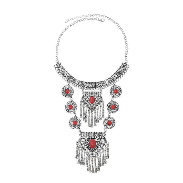 Exaggerated Necklace Tassel Vintage Female Alloy Plated Collarbone Chain, Color: Red 1