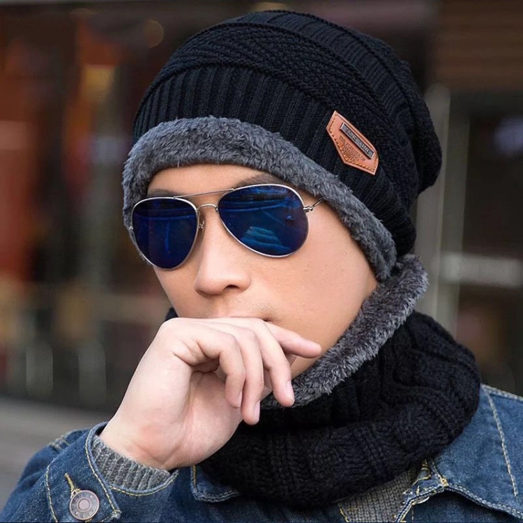 Fall Winter Men Soft Knitted Woolen Hat Fleece Warm Anti-Cold Riding Scarf Hat Neck Protect Cap, Size: Average(Black)