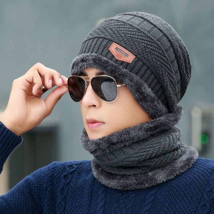 Fall Winter Men Soft Knitted Woolen Hat Fleece Warm Anti-Cold Riding Scarf Hat Neck Protect Cap, Size: Average(Gray)