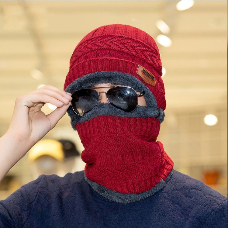 Fall Winter Men Soft Knitted Woolen Hat Fleece Warm Anti-Cold Riding Scarf Hat Neck Protect Cap, Size: Average(Red)