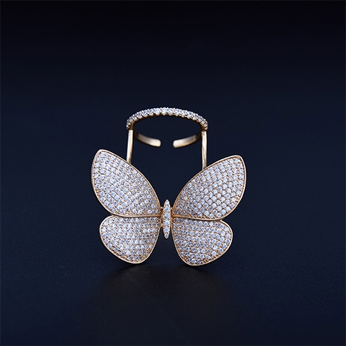 Fashion Adjustable Butterfly Shape Ring with Diamond Women Jewelry, Ring Size:7(Champagne gold)