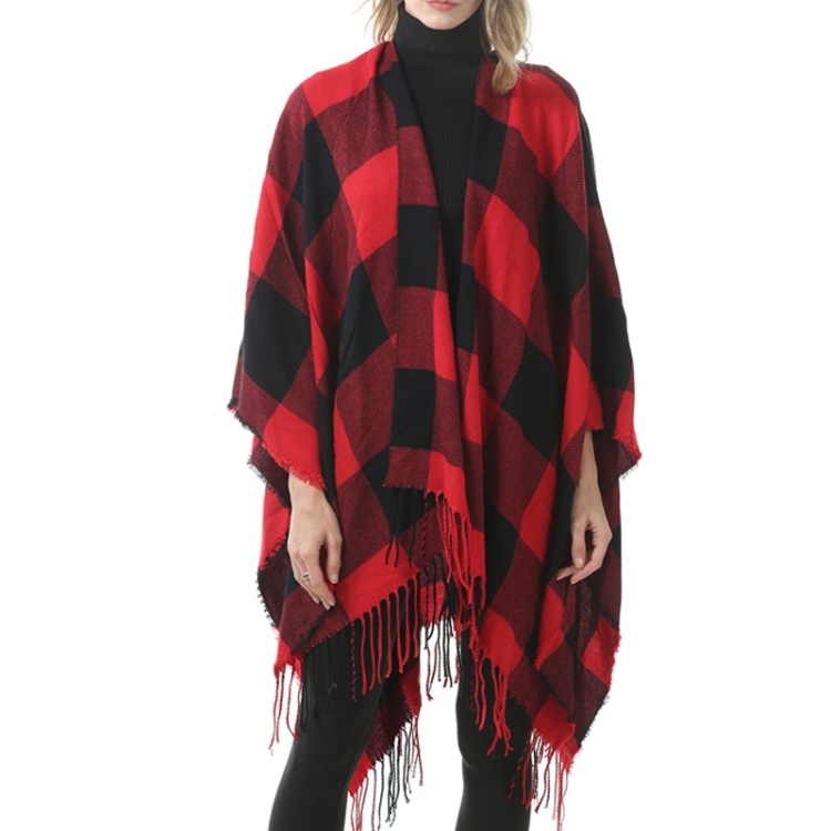 Fashion Classic Split Plaid Shawl Fringed Thickening Imitation Cashmere Cloak (P398)
