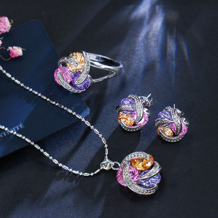 Fashion Cubic Zirconia Knot Earrings Necklace Ring Set for Women, Ring Size:8(Multi-color)