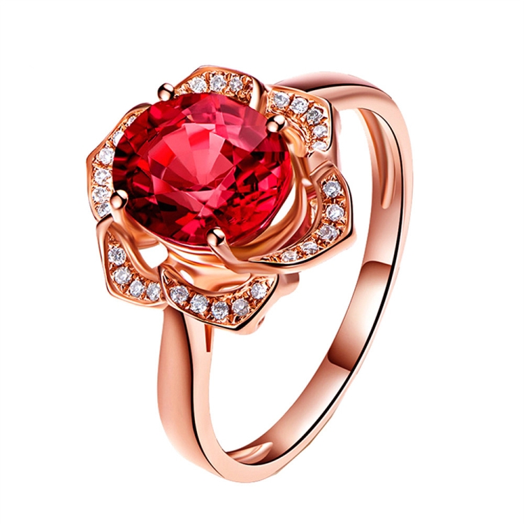 Fashion Red Tourmaline Rose Gold Flower Shape Women Ring, Ring Size:7
