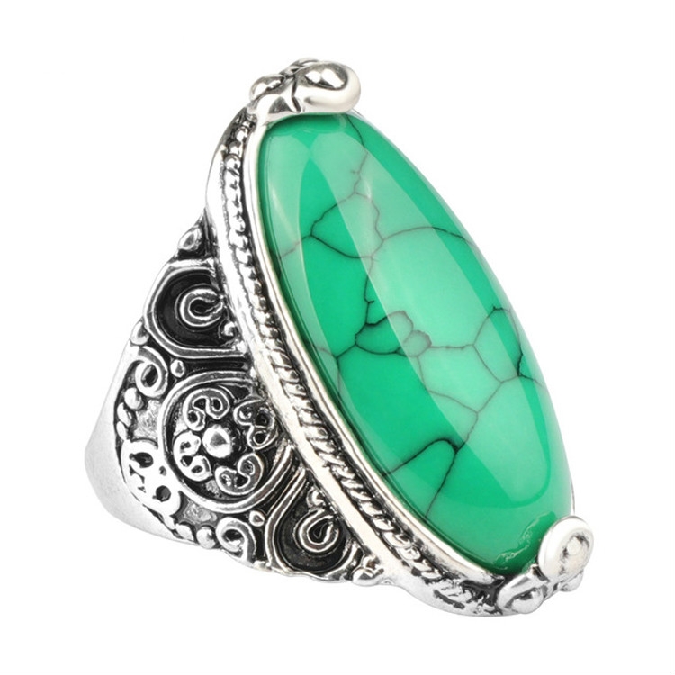Fashion Vintage Oval Turquoise Flower Ring Women Antique Silver Jewelry, Ring Size:10(Green)