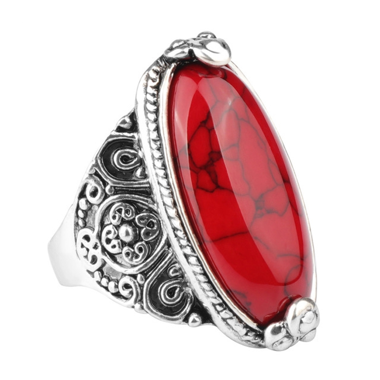 Fashion Vintage Oval Turquoise Flower Ring Women Antique Silver Jewelry, Ring Size:7(Red)