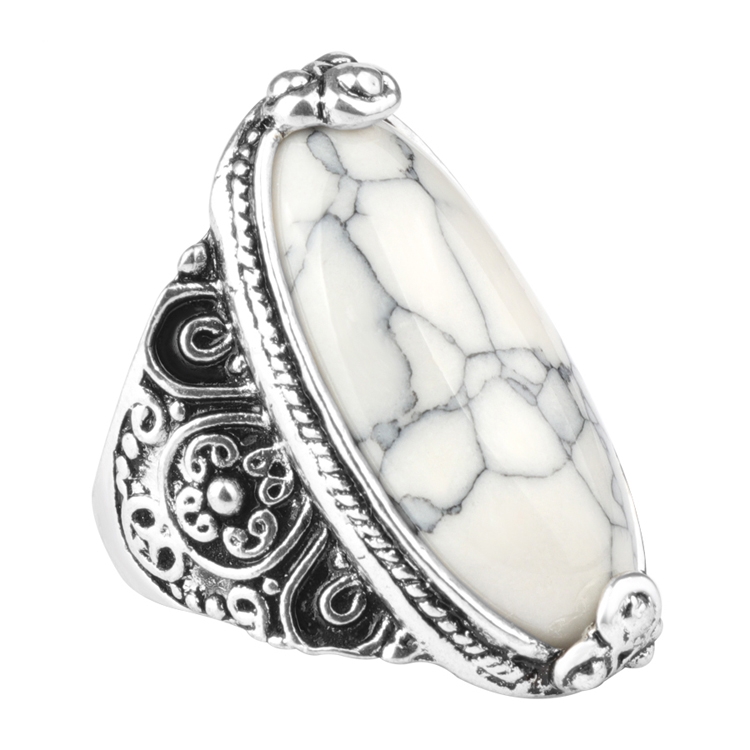 Fashion Vintage Oval Turquoise Flower Ring Women Antique Silver Jewelry, Ring Size:7(White)