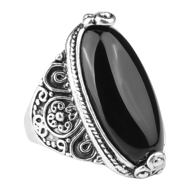 Fashion Vintage Oval Turquoise Flower Ring Women Antique Silver Jewelry, Ring Size:8(Black)