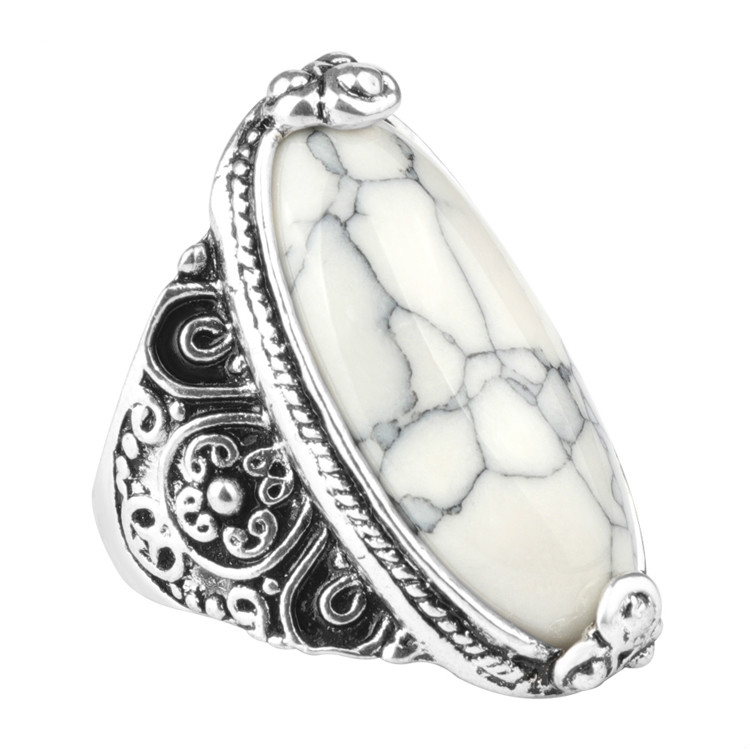 Fashion Vintage Oval Turquoise Flower Ring Women Antique Silver Jewelry, Ring Size:8(White)