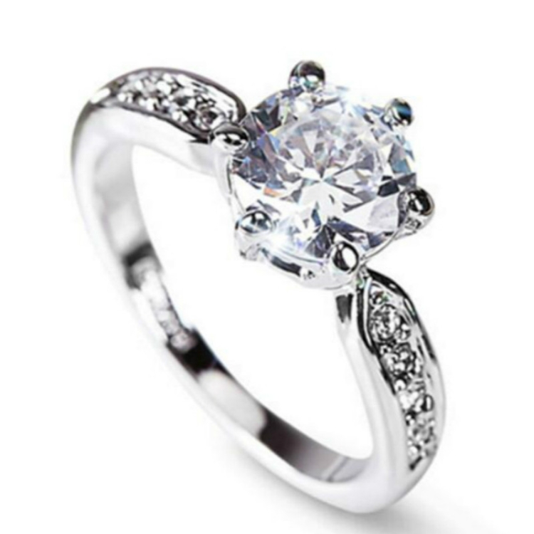 Female Classic Crystal Six-Claw Diamond Ring Wedding Ring, Ring Size:5(White Gold)