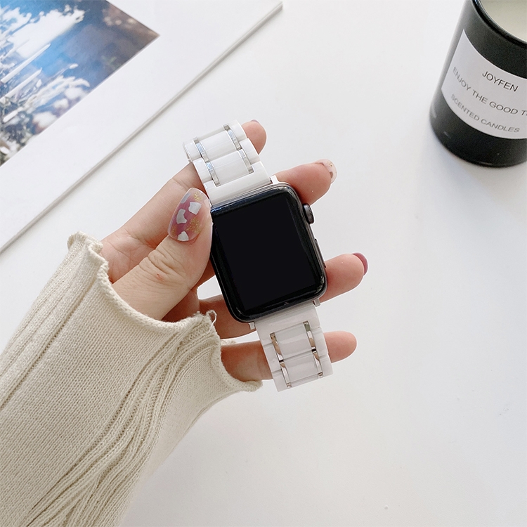 Five Beads Ceramic Steel Watch Band For Apple Watch Series 9&8&7 41mm / SE 3&SE 2&6&SE&5&4 40mm / 3&2&1 38mm(White + Silver)