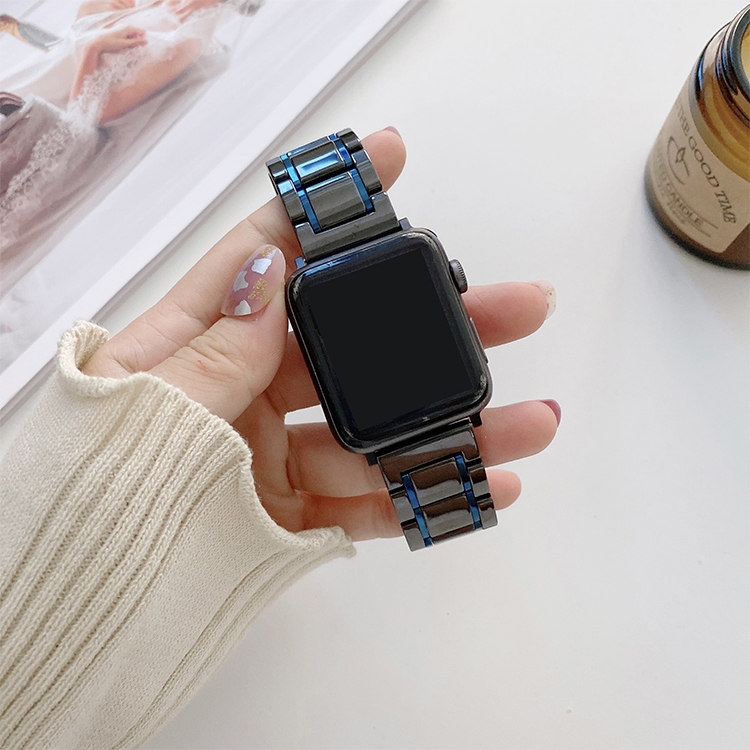 Five Beads Ceramic Steel Watch Band For Apple Watch Ultra 49mm&Watch Ultra 2 49mm / Series 9&8&7 45mm / SE 3&SE 2&6&SE&5&4 44mm / 3&2&1 42mm(Black + Blue)
