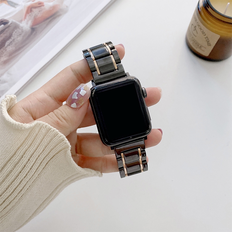 Five Beads Ceramic Steel Watch Band For Apple Watch Ultra 49mm&Watch Ultra 2 49mm / Series 9&8&7 45mm / SE 3&SE 2&6&SE&5&4 44mm / 3&2&1 42mm(Black + Rose Gold)
