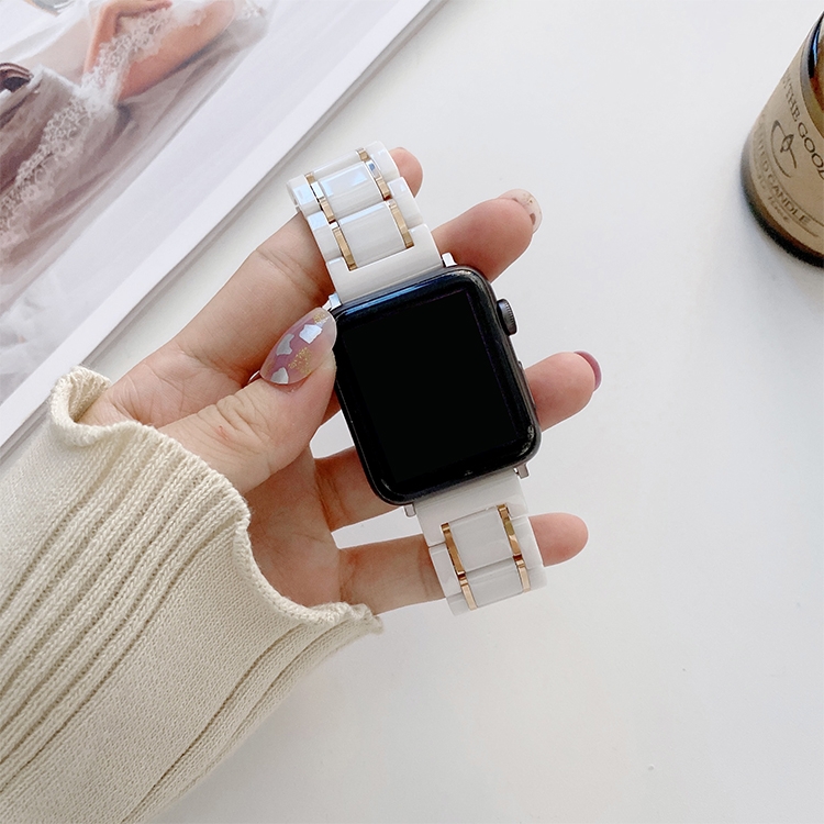 Five Beads Ceramic Steel Watch Band For Apple Watch Ultra 49mm&Watch Ultra 2 49mm / Series 9&8&7 45mm / SE 3&SE 2&6&SE&5&4 44mm / 3&2&1 42mm(White + Rose Gold)