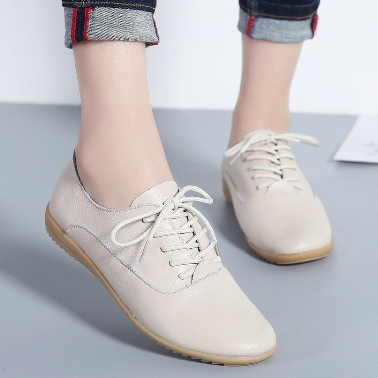 Flat Bottom Lightweight Fashion Casual Lace-up Leather Shoes for Woman (Color:Beige Size:39)