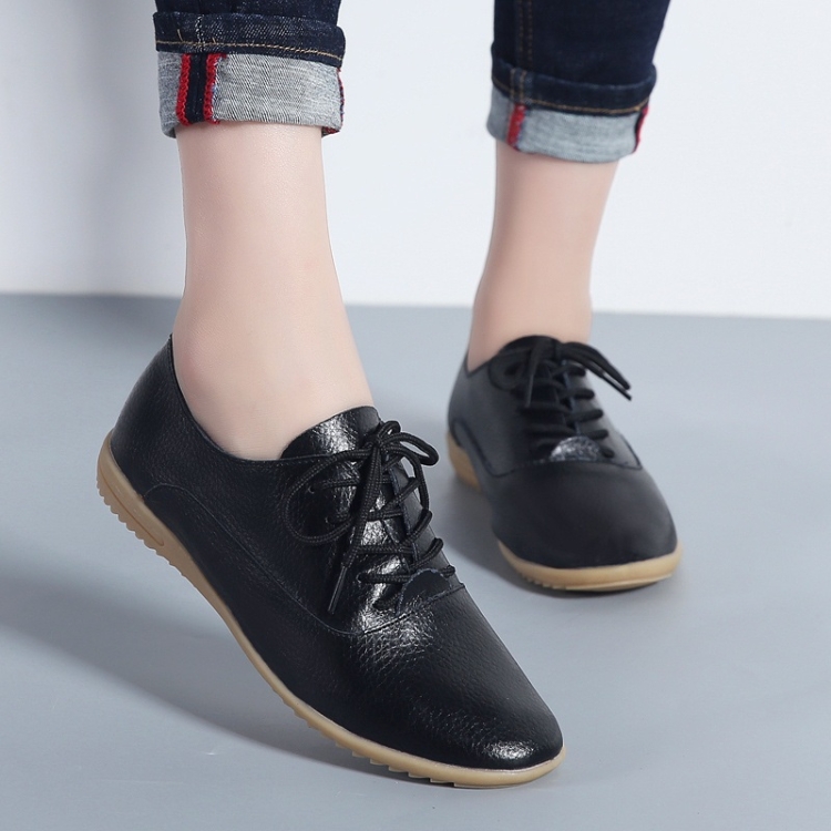 Flat Bottom Lightweight Fashion Casual Lace-up Leather Shoes for Woman (Color:Black Size:35)