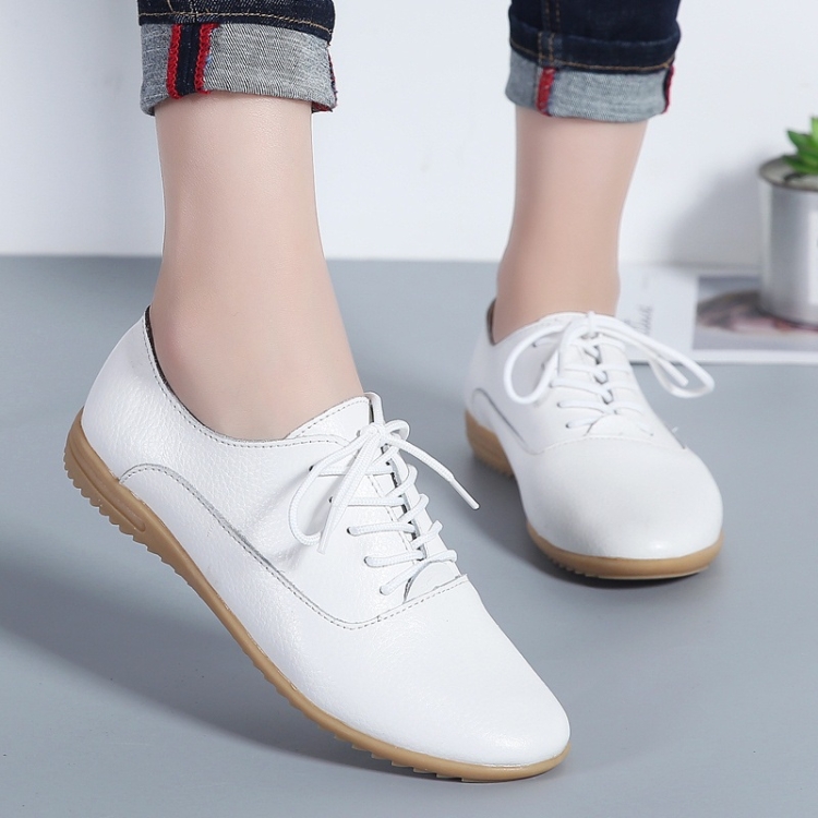 Flat Bottom Lightweight Fashion Casual Lace-up Leather Shoes for Woman (Color:White Size:39)