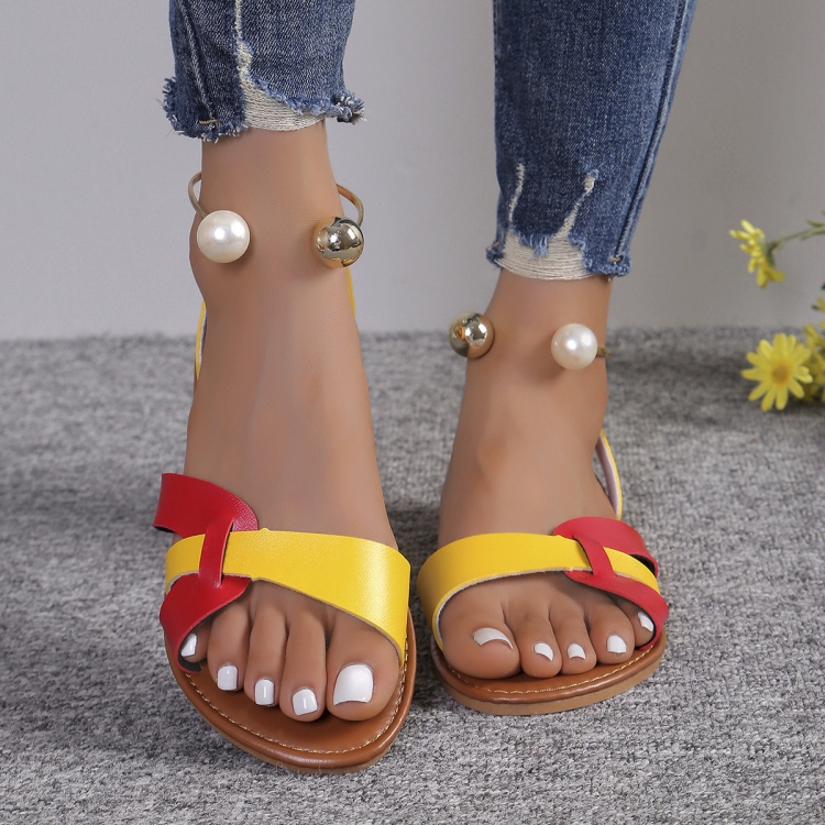 Flat Pearl Sandals Casual Women Sandals Summer Lightweight Metal Decor Women Shoes, Size: 41(Red Yellow)
