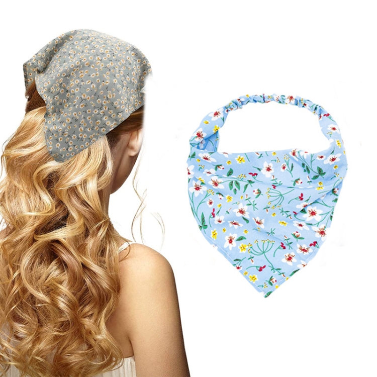 Floral Elastic Band Turban Women Thin Floral Cloth Headscarf Triangle Scarf(Big Floral Blue)