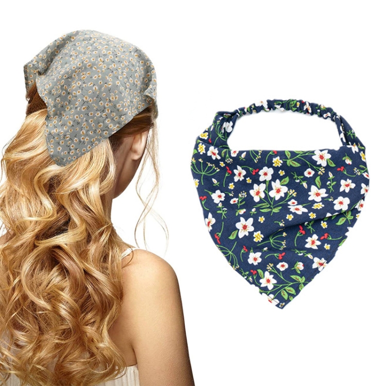 Floral Elastic Band Turban Women Thin Floral Cloth Headscarf Triangle Scarf(Big Floral Navy)