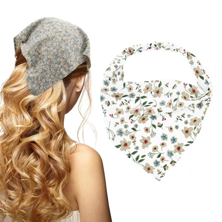 Floral Elastic Band Turban Women Thin Floral Cloth Headscarf Triangle Scarf(Big Floral White)