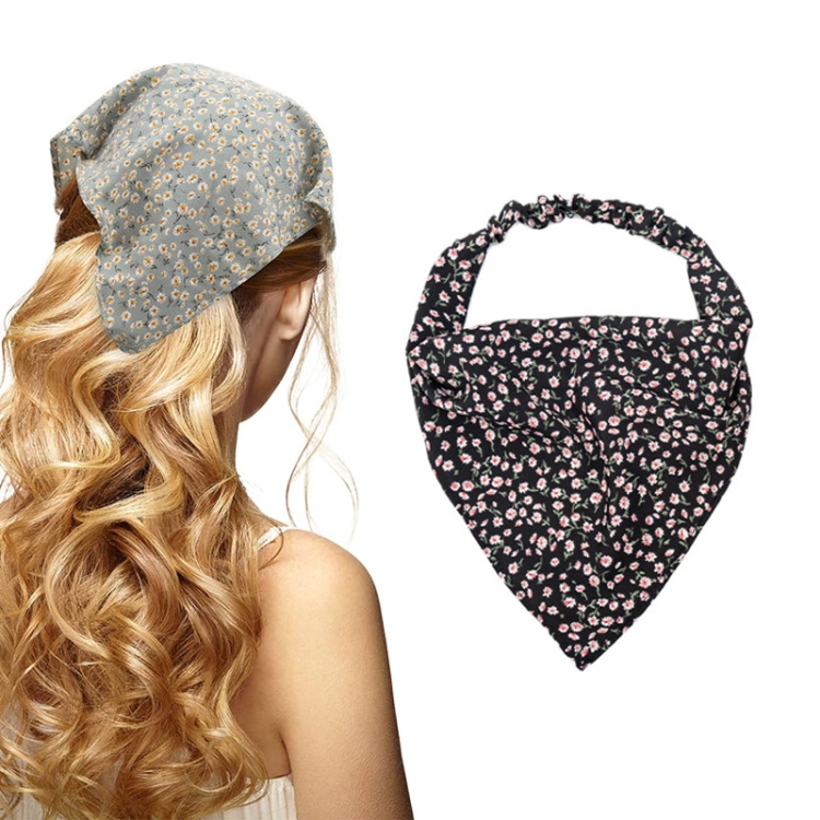 Floral Elastic Band Turban Women Thin Floral Cloth Headscarf Triangle Scarf(Small Floral Black)