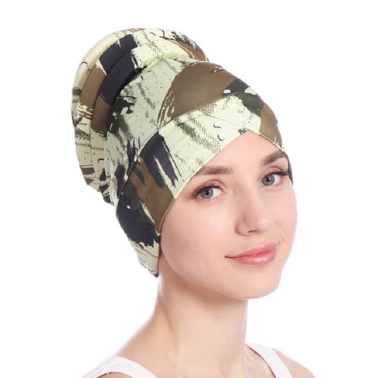 Floral Turban Hat Cotton Back Plate Hair Wrap Cap, Size:M (56-58cm)(Army Green)