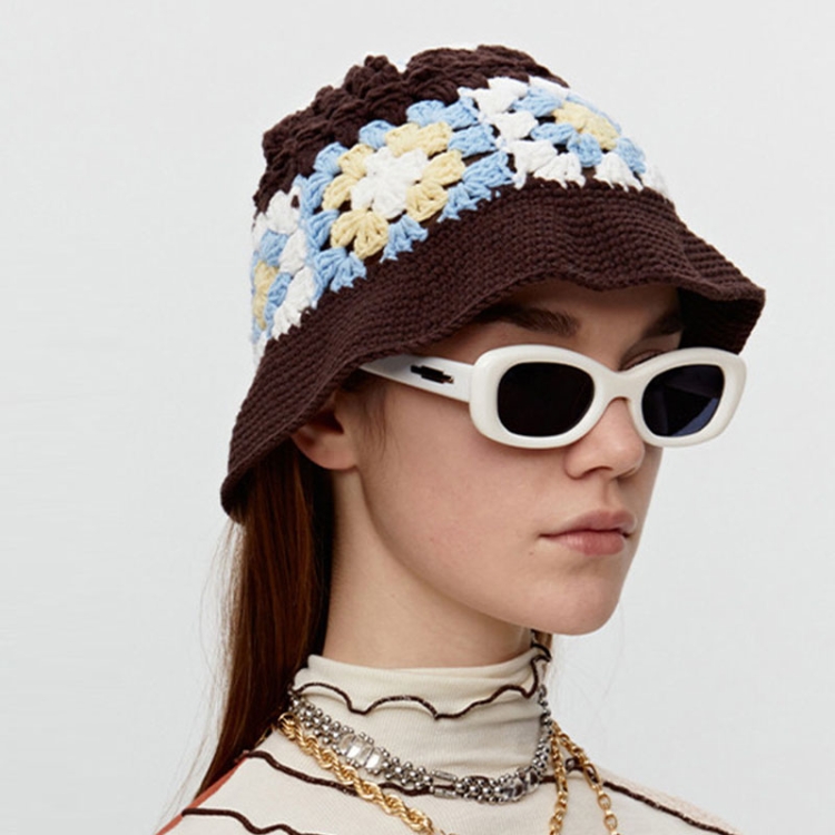 Flower Fisherman Hat Summer Hollow Breathable Knitted Wool Cap, Size: M(Coffee)