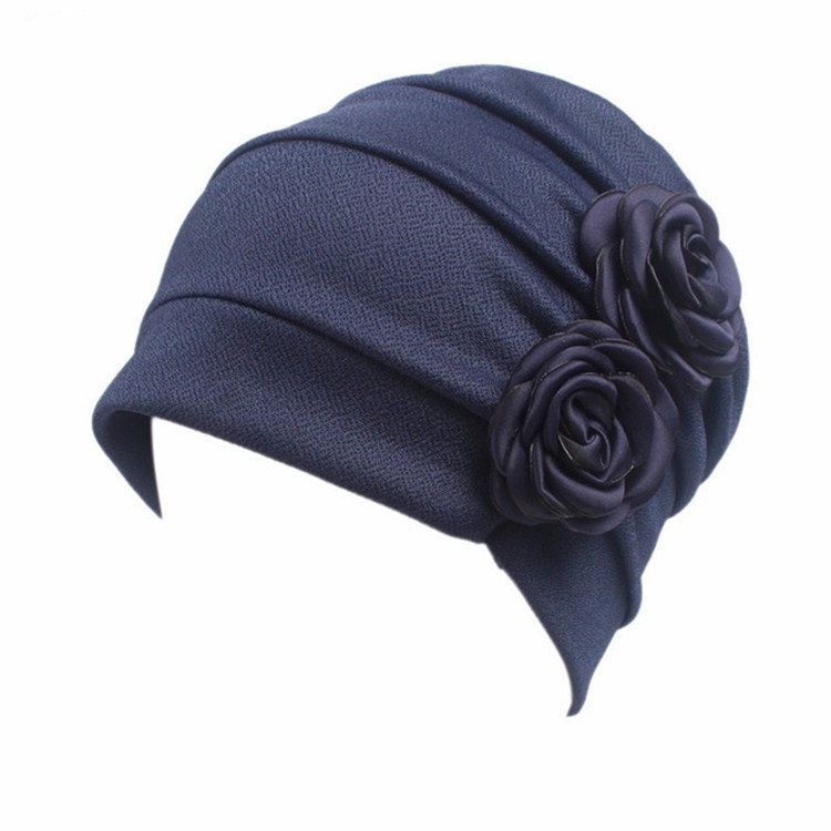 Flower Wrinkled Pull-over Confinement Chemotherapy Cap, Size:One Size(Navy Blue)