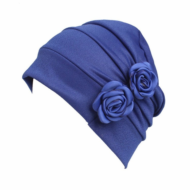 Flower Wrinkled Pull-over Confinement Chemotherapy Cap, Size:One Size(Royal Blue)