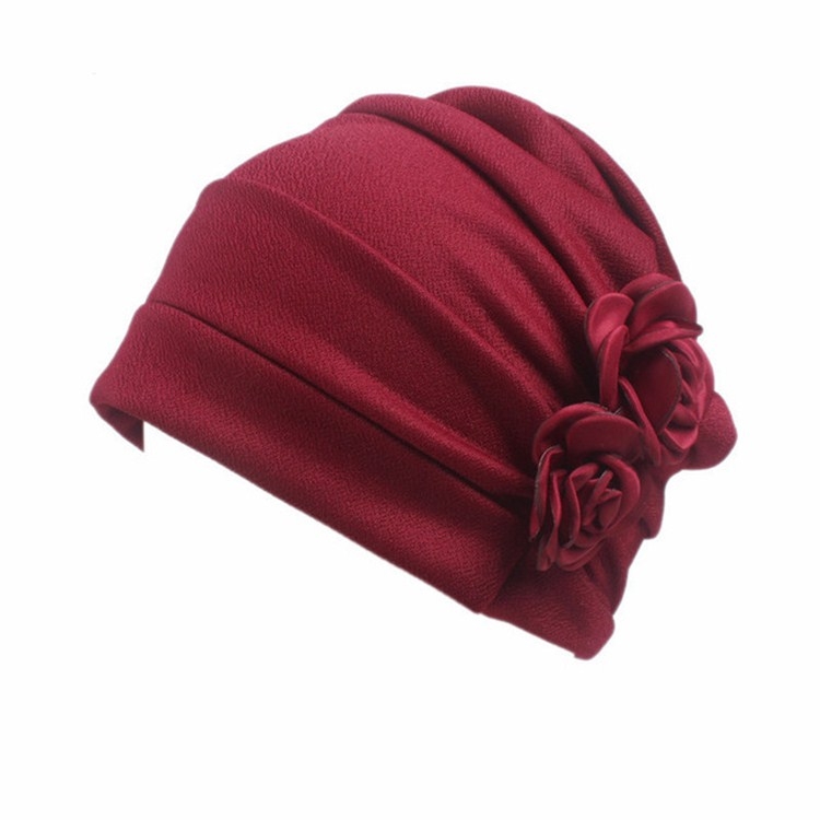 Flower Wrinkled Pull-over Confinement Chemotherapy Cap, Size:One Size(Wine Red)