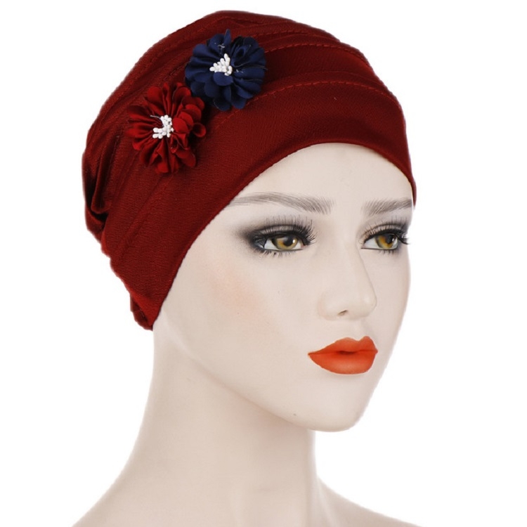 Flowers Decoration Linen Hexagon Turban Hat Wrap Cap(Red Wine)