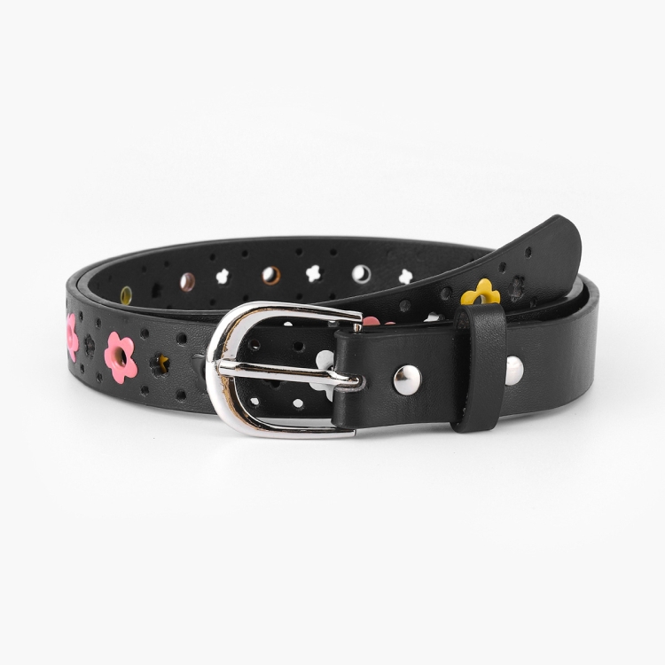 Flowers Pattern Hollow PU Leather Belt for Children(Black)