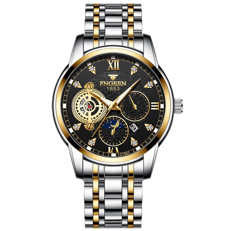 FNGEEN 2166 Men Three-eye Hollow Quartz Watch Student Sports Electronic Watch(Between Gold Black Surface)
