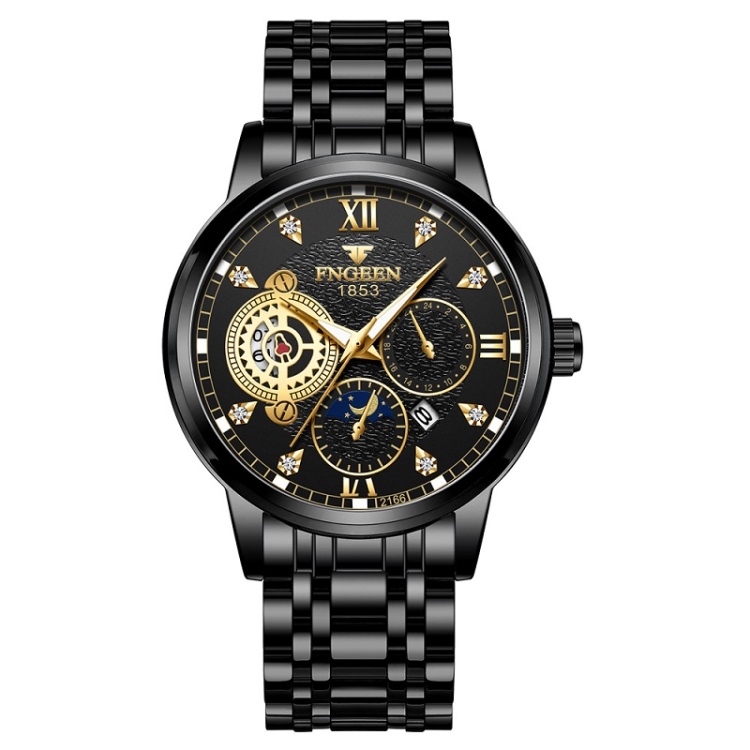 FNGEEN 2166 Men Three-eye Hollow Quartz Watch Student Sports Electronic Watch(Black Steel Black Surface Gold Nails)