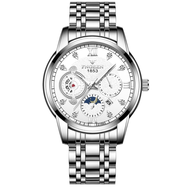 FNGEEN 2166 Men Three-eye Hollow Quartz Watch Student Sports Electronic Watch(White Steel White Surface)