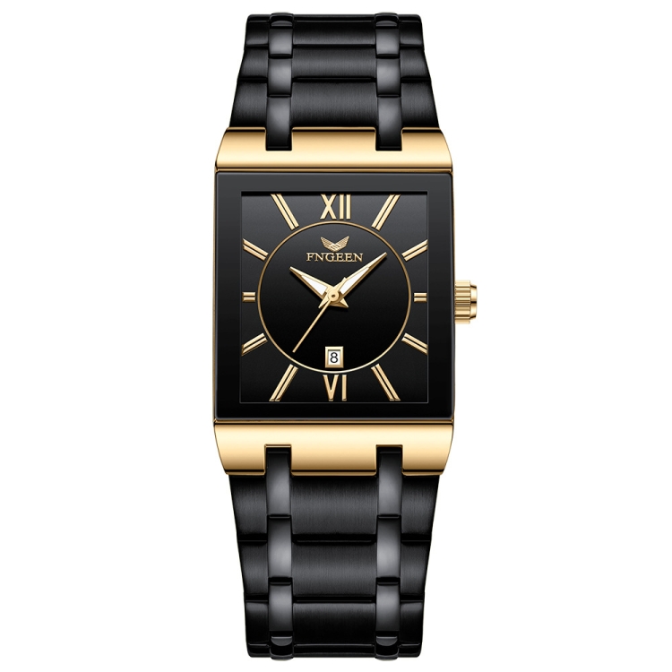 FNGEEN 3627 Waterproof Calendar Men Square Watch(Black Belt Gold Shell Black Surface)