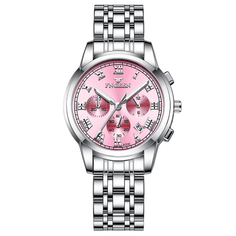 FNGEEN 4006 Ladies Quartz Watch Fashion Luminous Date Display Watch(White Steel Pink Surface)