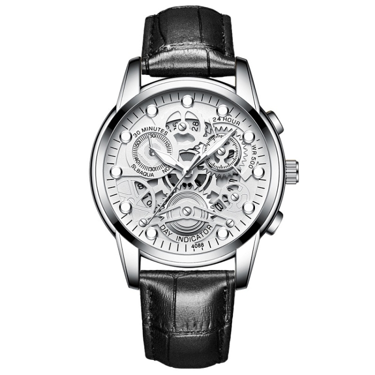 FNGEEN 4088 Men Hollow Quartz Watch Student Waterproof Luminous Watch(Black Leather White Steel White Flour)