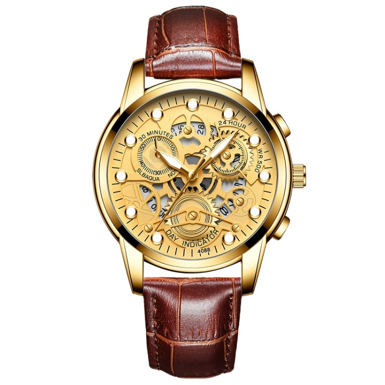 FNGEEN 4088 Men Hollow Quartz Watch Student Waterproof Luminous Watch(Brown Leather Full Golden Surface)