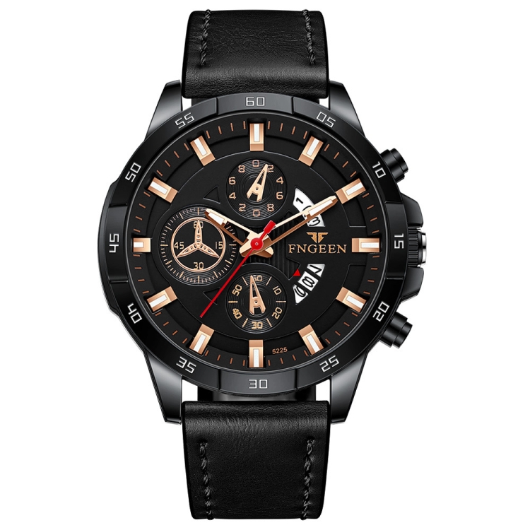 FNGEEN 5225 Multifunctional Waterproof Quartz Watch, Color: Black Leather Black Shell Black Surface