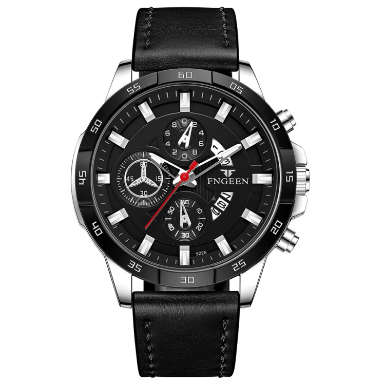 FNGEEN 5225 Multifunctional Waterproof Quartz Watch, Color: Black Leather White Shell Black Surface