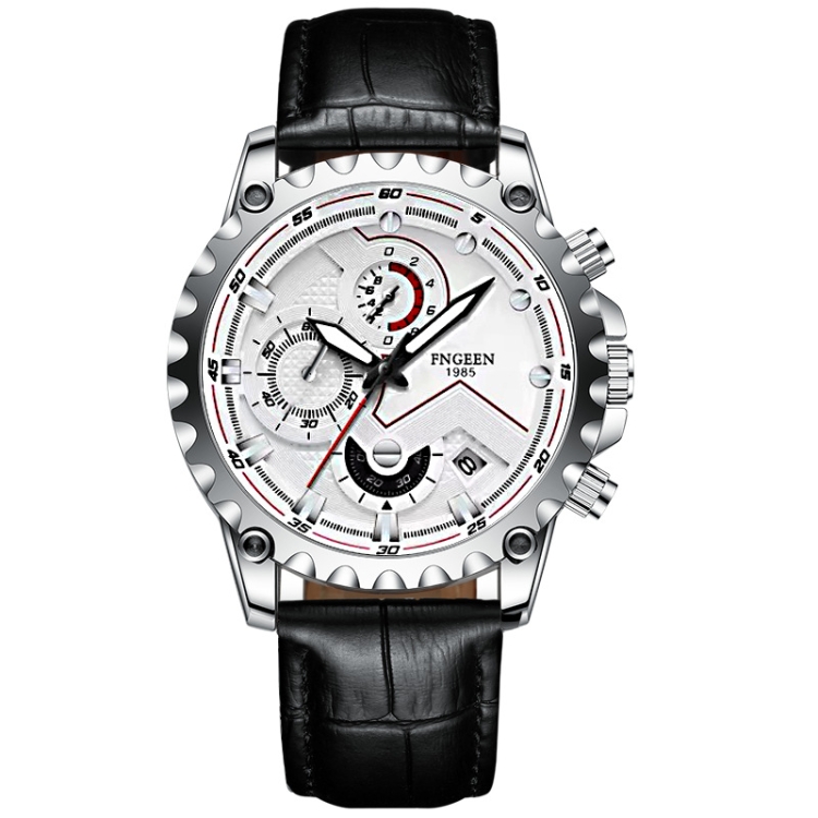 FNGEEN 5757 Men Waterproof Sports Fashion Stainless Steel Watch(Black Leather White Steel White Surface)