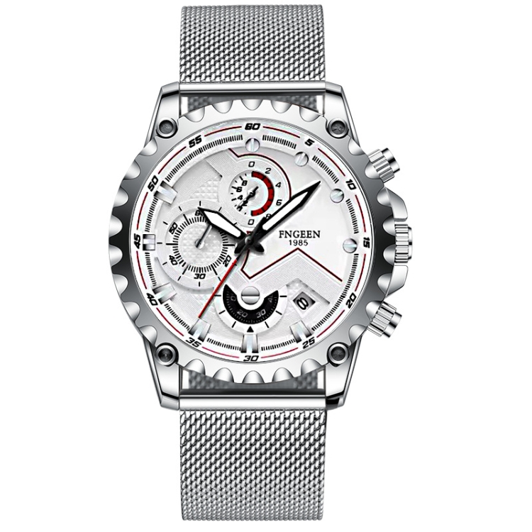 FNGEEN 5757 Men Waterproof Sports Fashion Stainless Steel Watch(White Net White Shell White Surface)
